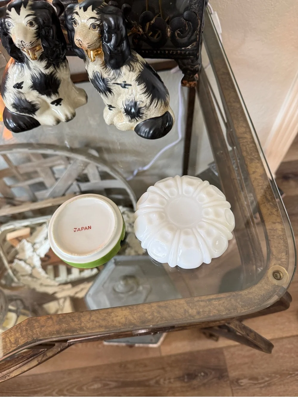 Vintage Milk Glass Dish & Green Striped Ceramic Ashtray – Trinket Dish
